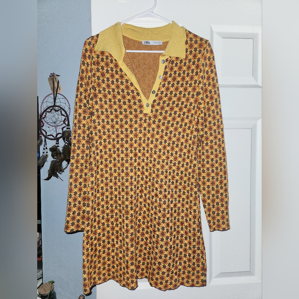 Zara Yellow and Brown Patterned Dress